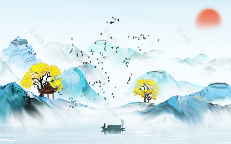 中国风唯美手绘风景山水插画背景设计,插画/手绘图,插画/手绘图库,插画/手绘图下载,插画/手绘
